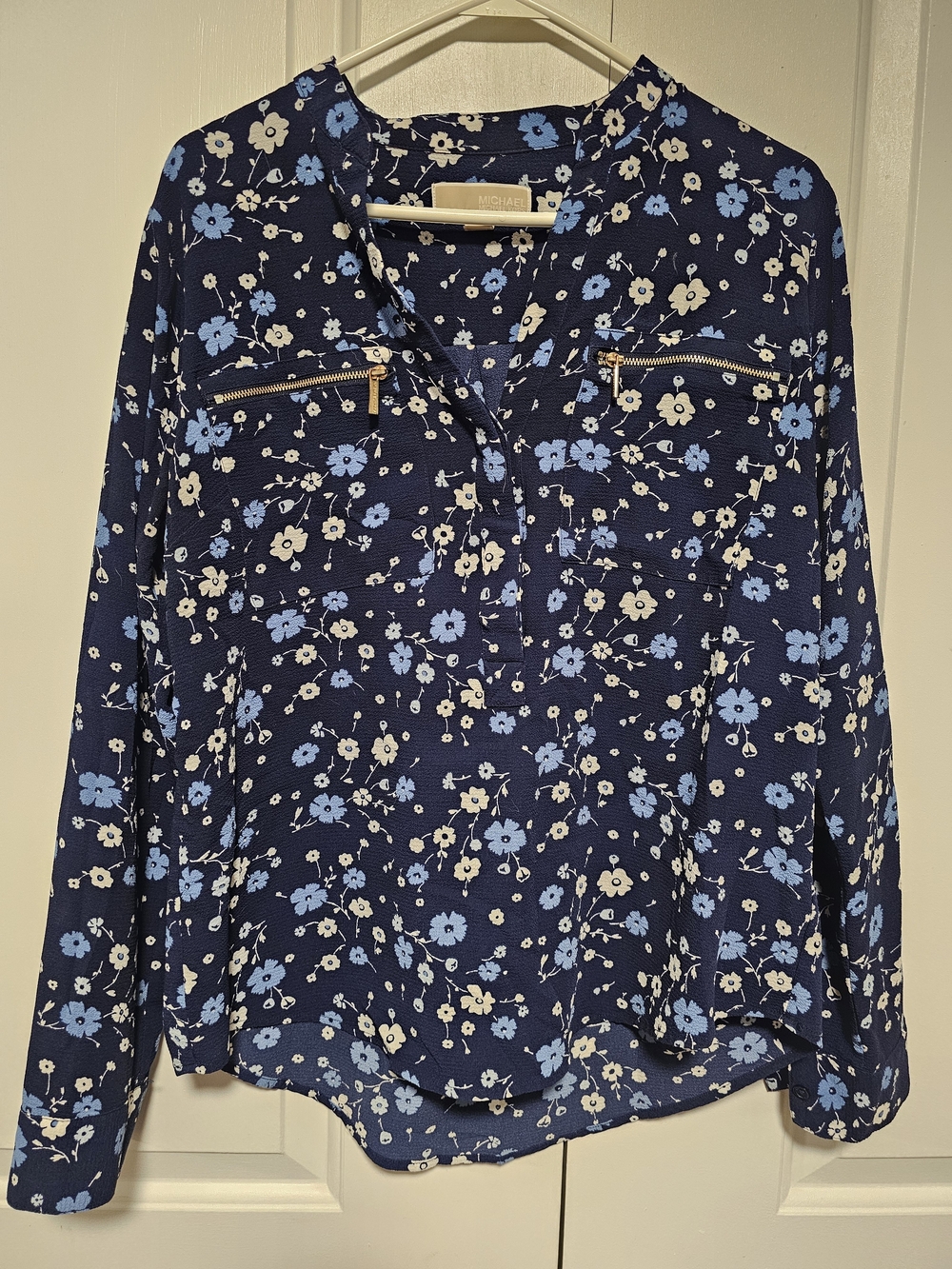 Michael Kors Navy Blue Floral Zip-Pocket Blouse